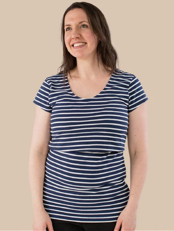 Nursing Short Sleeve Twin Pack Cotton T-Shirt | White & Navy/White Stripe Monochromatic All