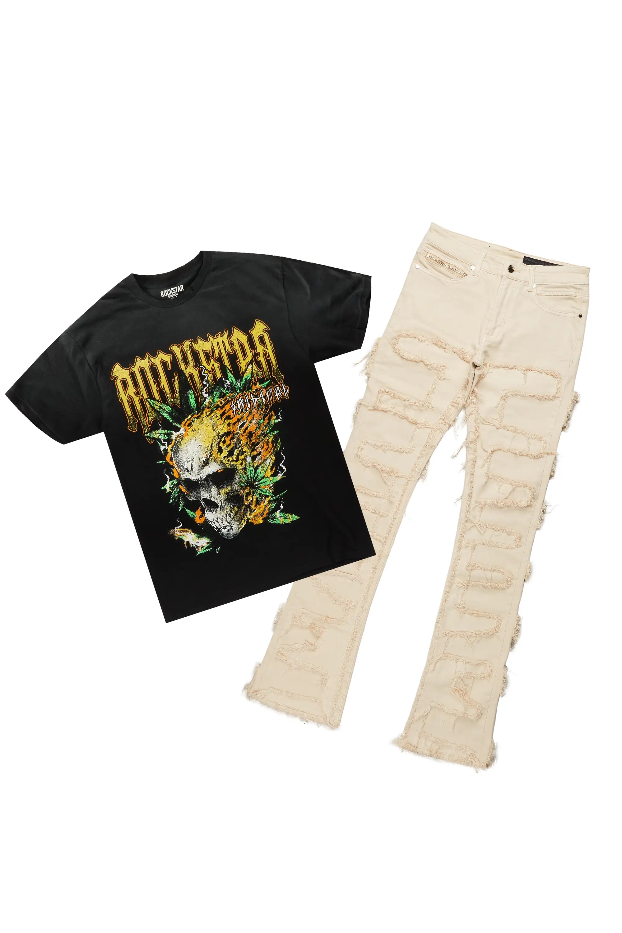 Manitol Black T-Shirt & Shake Beige Stacked Jean Bundle Street