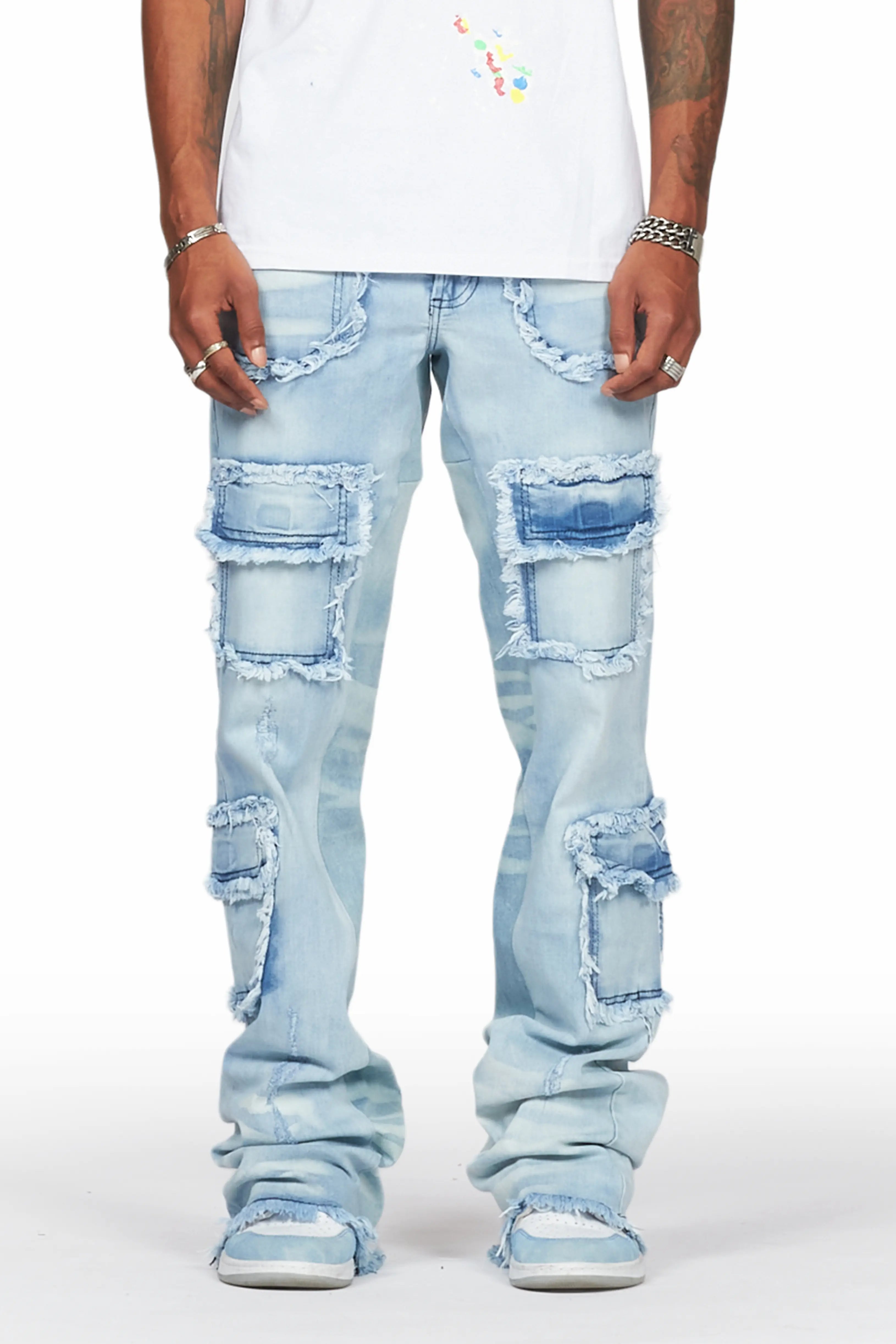 Ubba Blue Baggy Cargo Stacked Jean Bohemian Men's Free