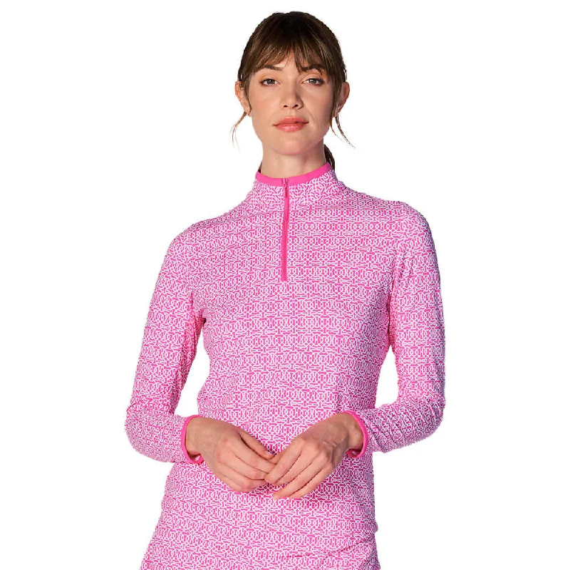 G Lifestyle Cubic Long Sleeve Collar Block Zip Mock Neck Top - Hot Pink/Hot Pink Polished Men's Silk