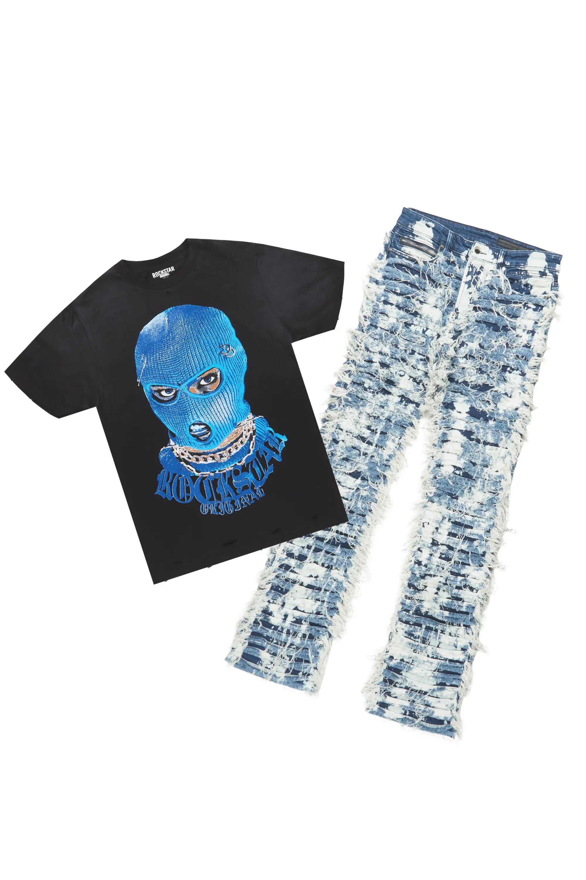 Murdra Black T-Shirt & Bossko Blue Stacked Flare Jean Bundle Masculine Men's Thick