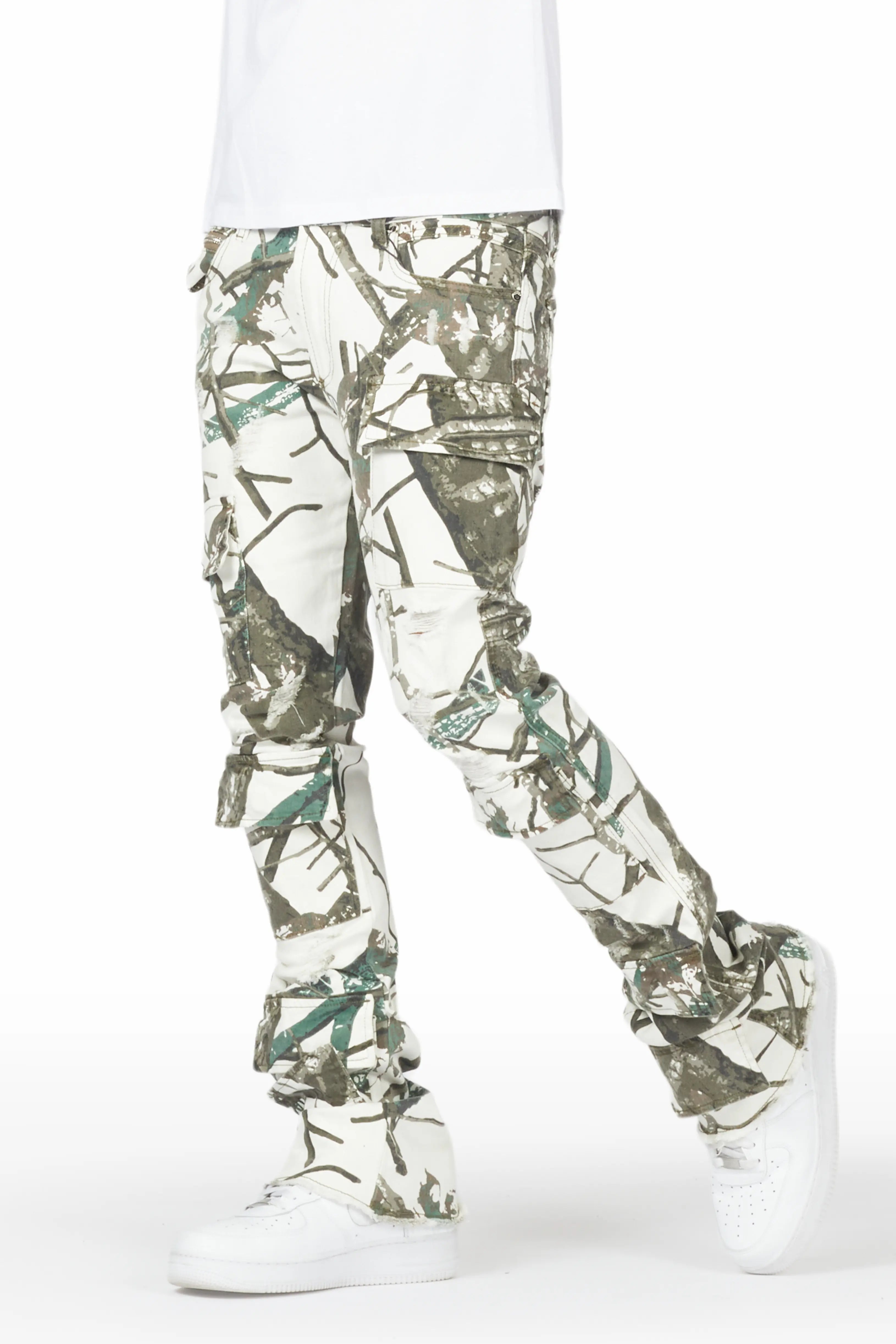 Zander White Tree Camo Stacked Flare Cargo Jean Artistic Men's Hand