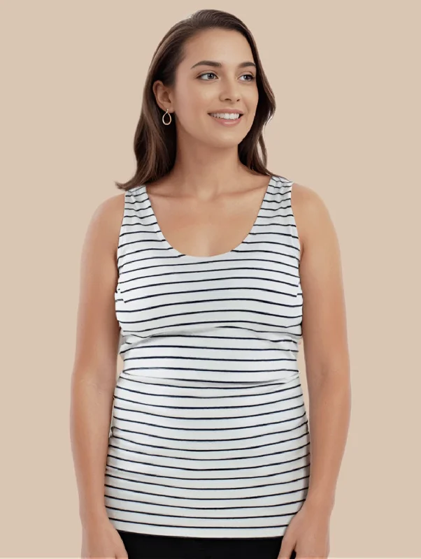 Nursing Laced Cotton Vest |  White/Navy Stripe Business