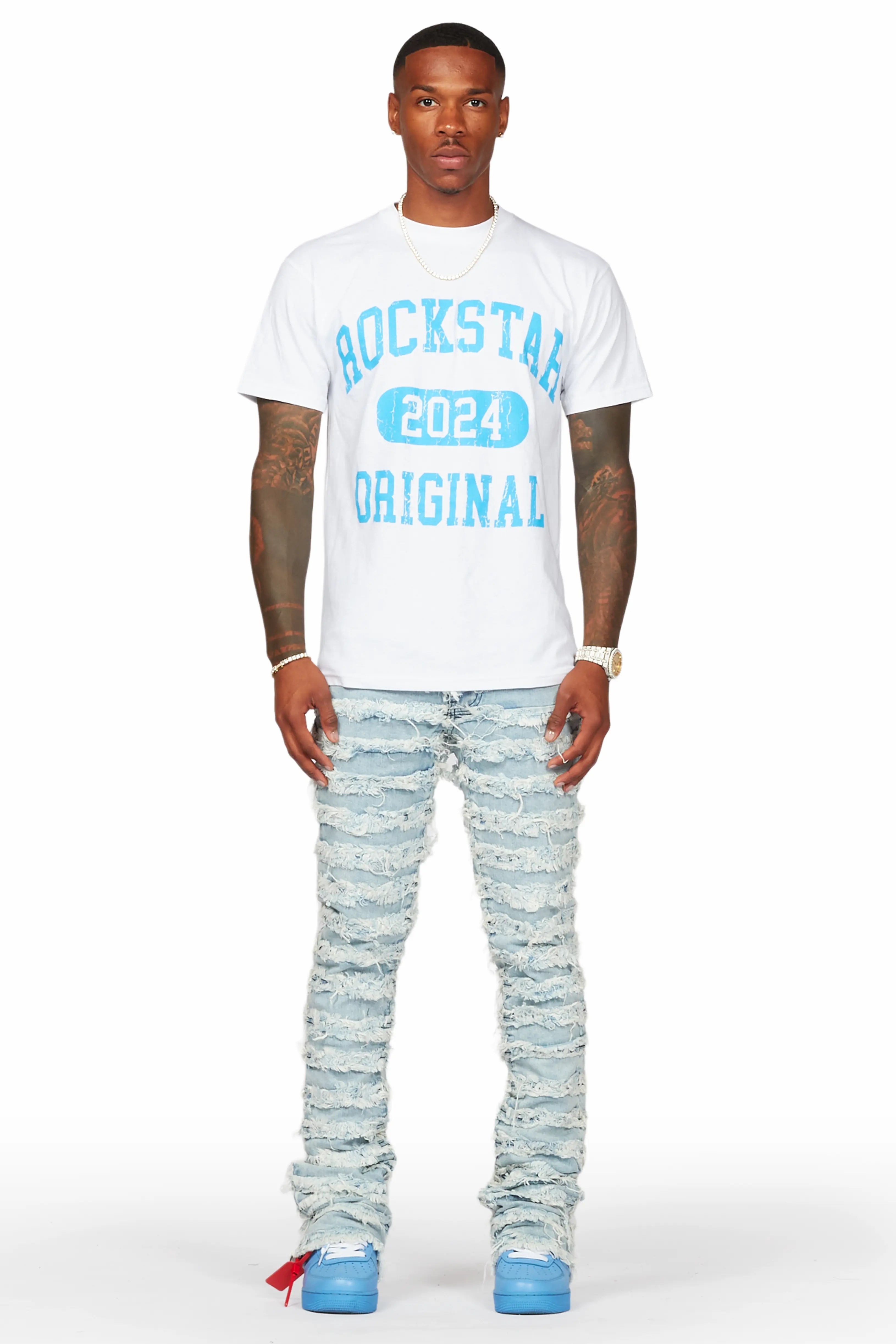 Members White T-Shirt & Ayan Blue Stacked Flare Jean Casual Men's Short