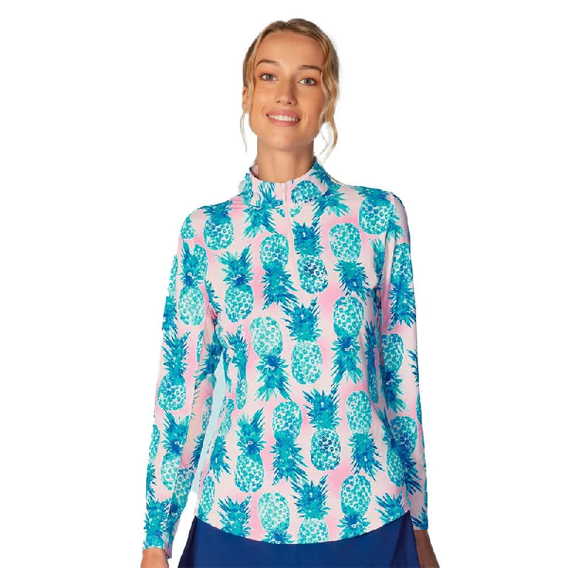 G Lifestyle Ananas Long Sleeve Zip Mock Neck Top - Aqua Organic