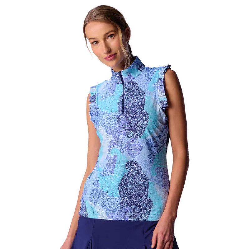 G Lifestyle Half Zip Ruffle Sleeveless Top - Blue Paisley Bold Men's Animal