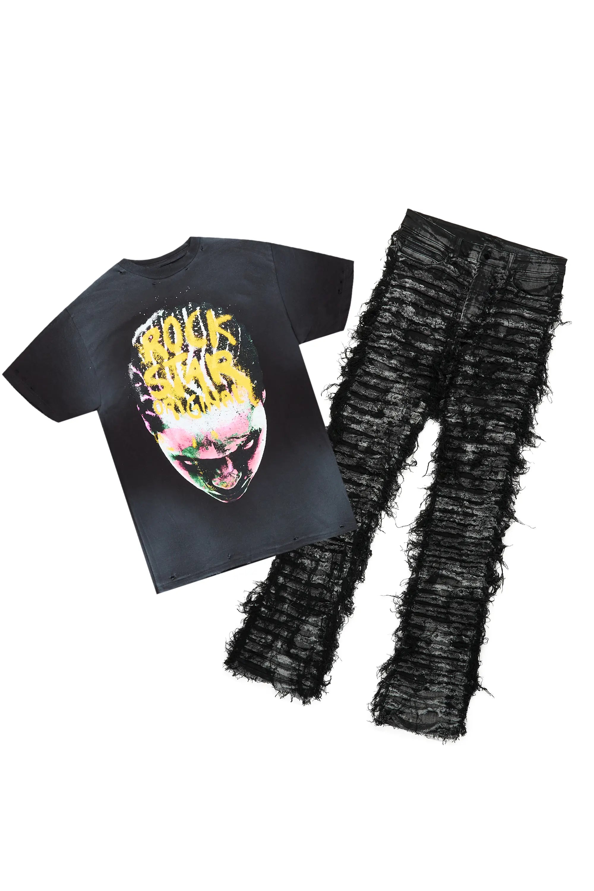 Rafe Black T-Shirt & Bossko Stacked Flare Jean Bundle Luxurious Men's High